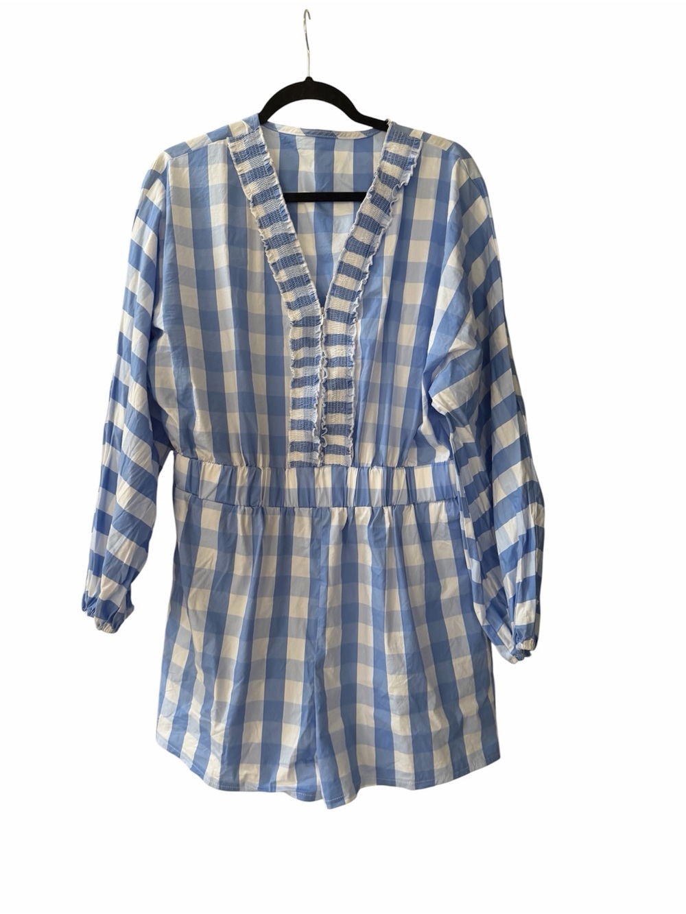 Blue and White Gingham Women’s V-Neck romper Bodysuit
